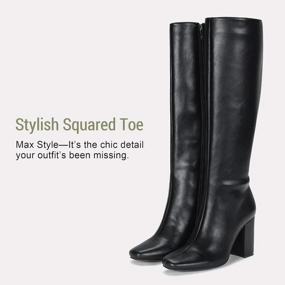 Women's Black Chunky Blocked Heel Squared Toe Long Boot Inside Zipper Tall Boots